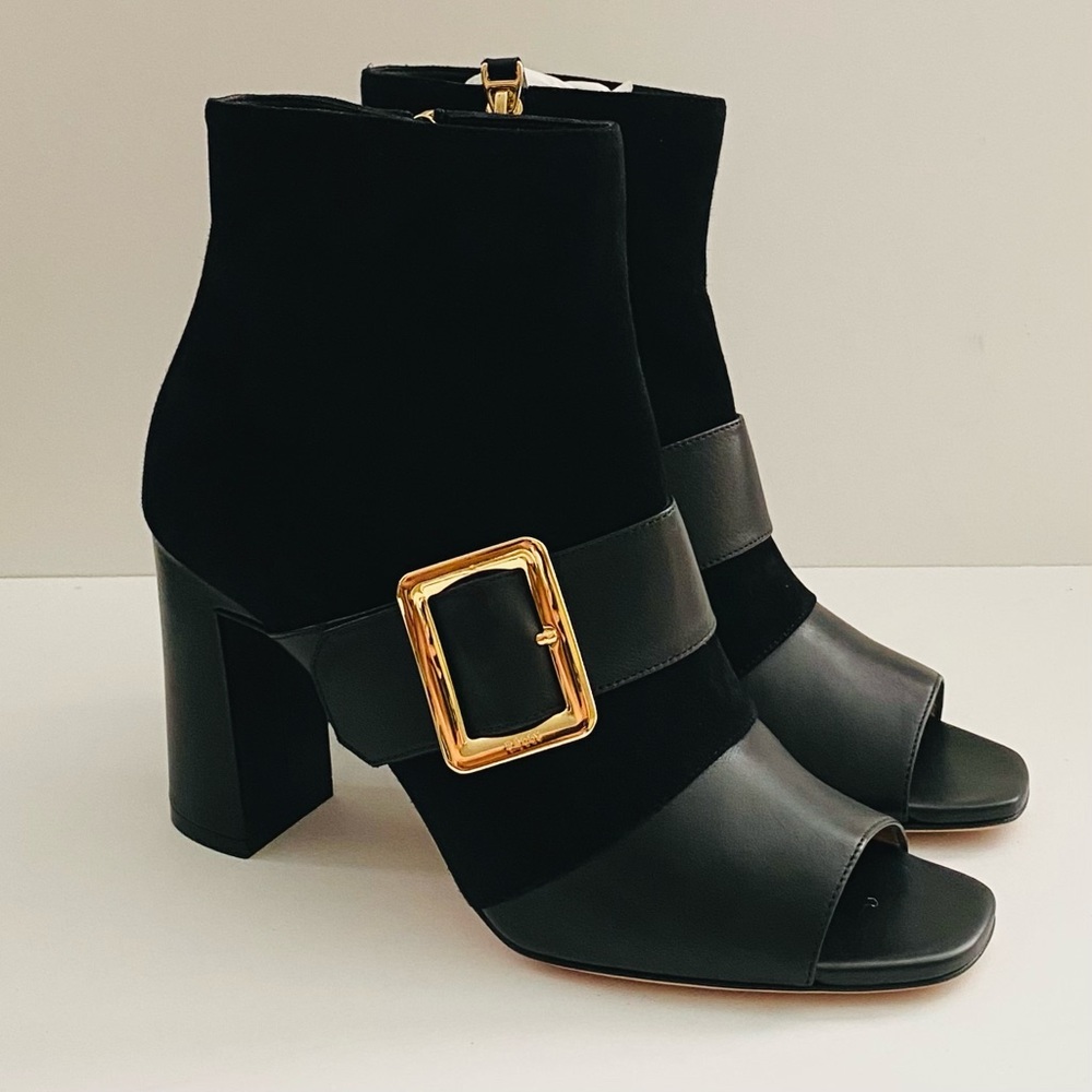 Black BALLY Jaydee Peep-Toe Suede Leather Booties with Buckles 3.5" Heels